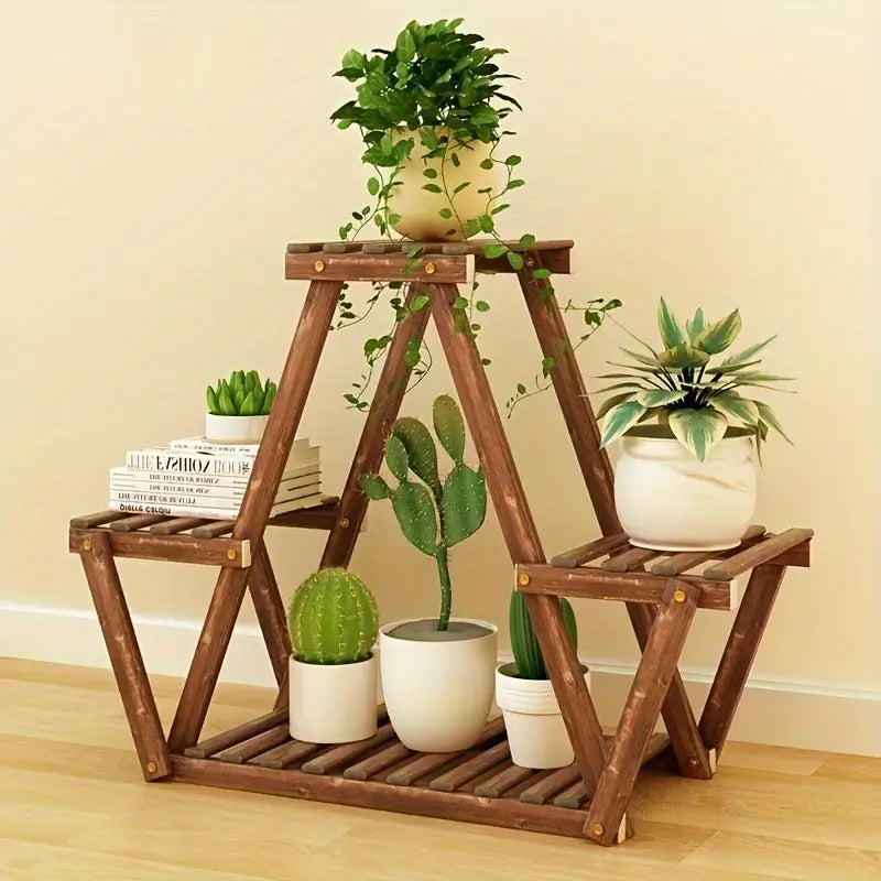 Wooden Triangular Plant Stand - Multi-Tier Flower Display Holder-1