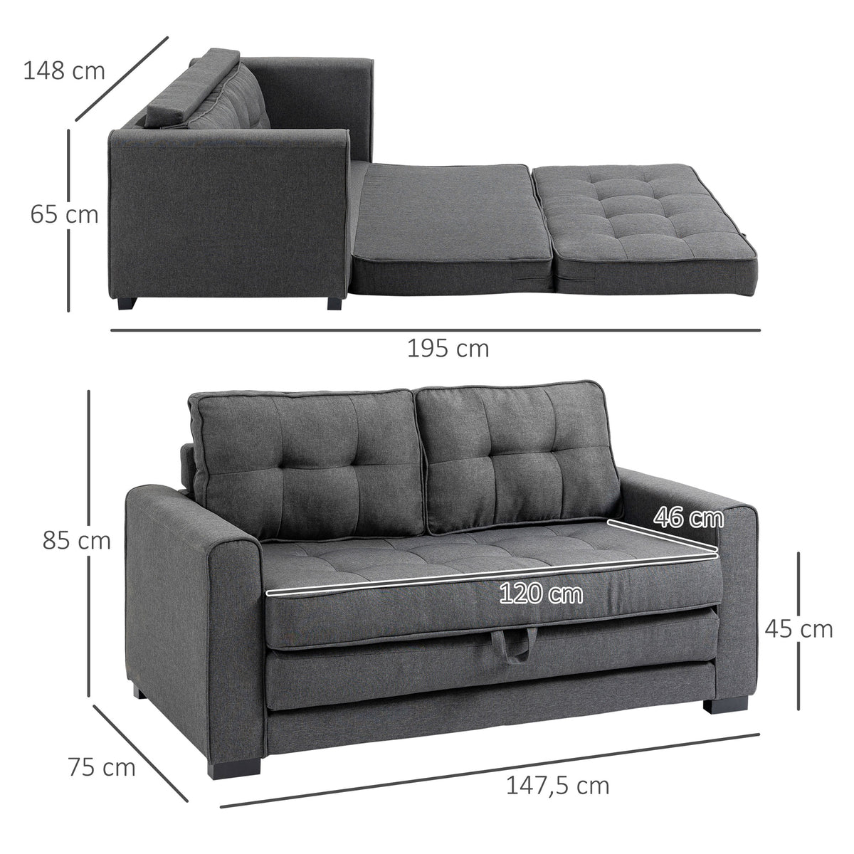 Canapé droit convertible 2 places - dossier capitonné - 147,5 x 75 x 85 cm - gris-2