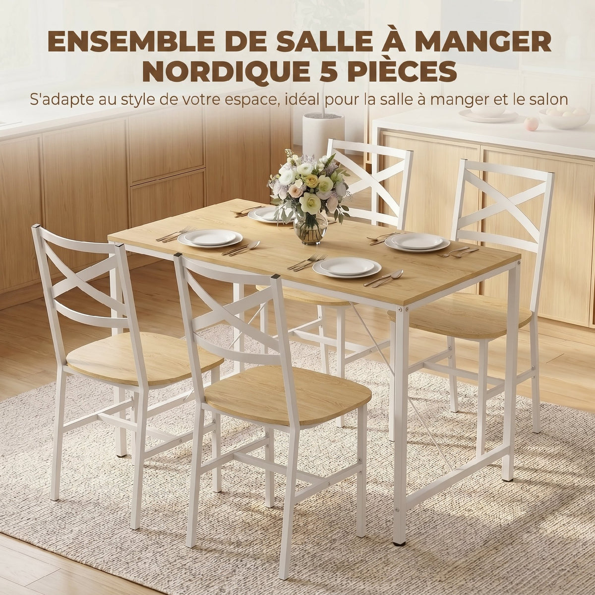 Ensemble Table Salle à Manger avec 4 Chaises, Table de Cuisine avec Chaises pour 4 Personnes, Bois Naturel et Blanc-3