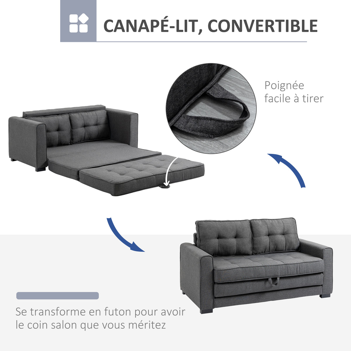 Canapé droit convertible 2 places - dossier capitonné - 147,5 x 75 x 85 cm - gris-4