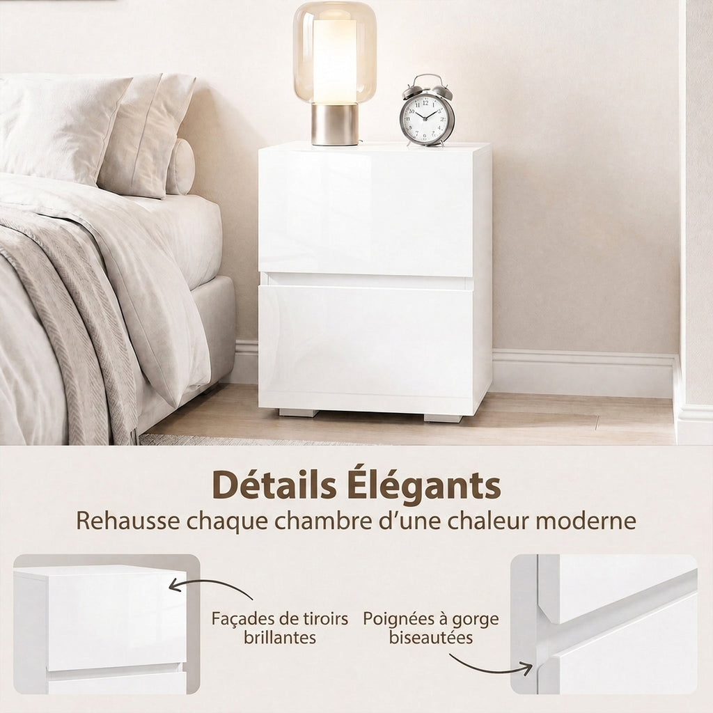 Lot de 2 Tables de Chevet, Tables d'Appoint avec 2 Tiroirs, Façades à Haute Brillance, Plateau Large, 40x40x58cm, Blanc-4