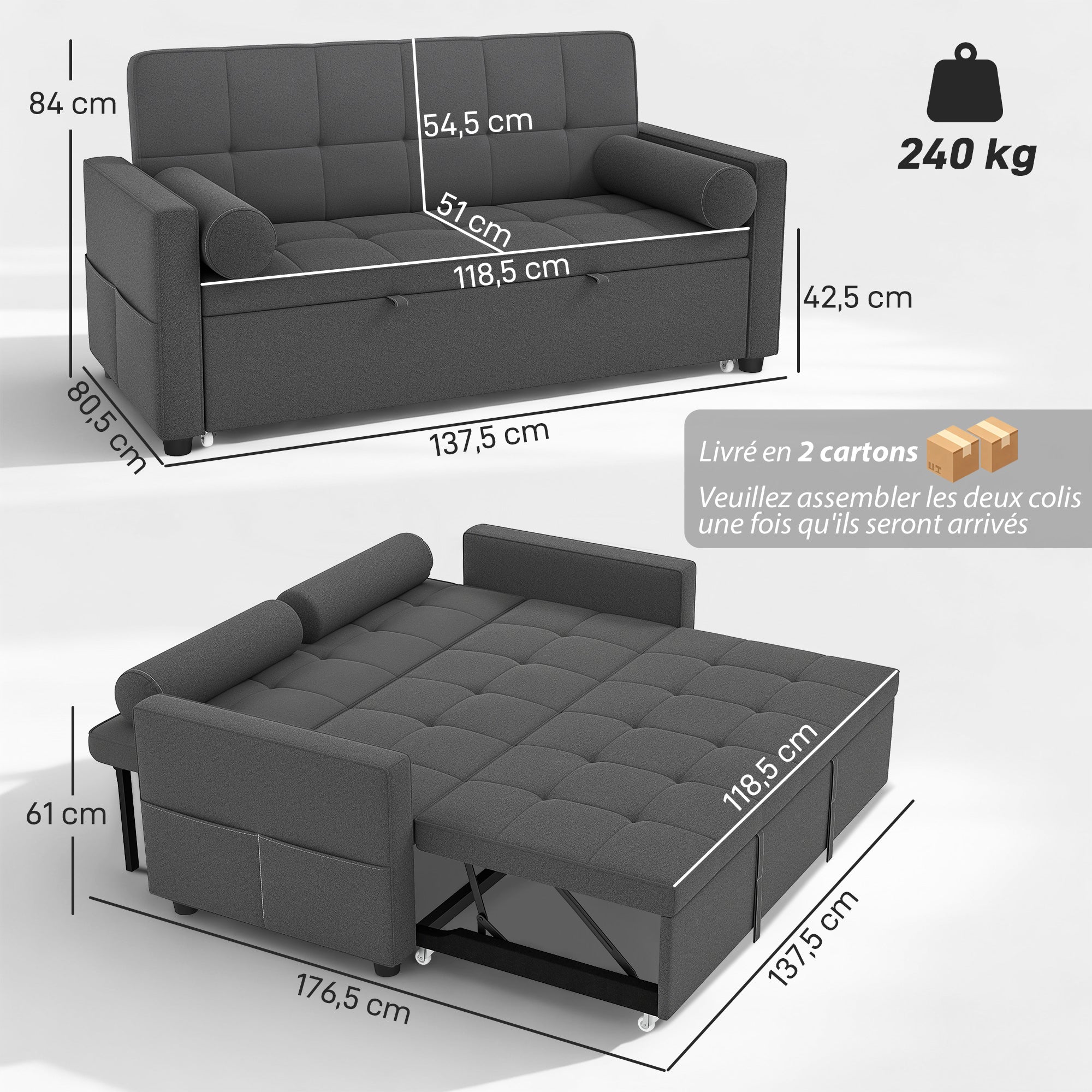 Canapé convertible 2 places 3 en 1 canapé-lit avec lit gigogne double dossier réglable 2 coussins 80,5x137,5x84cm gris-2