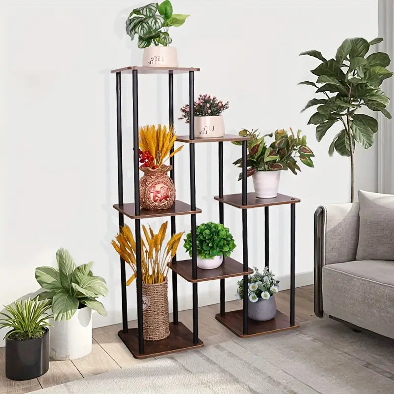 7-Story Indoor Floor Standing Flower Rack - Black Frame Coffee Board-1