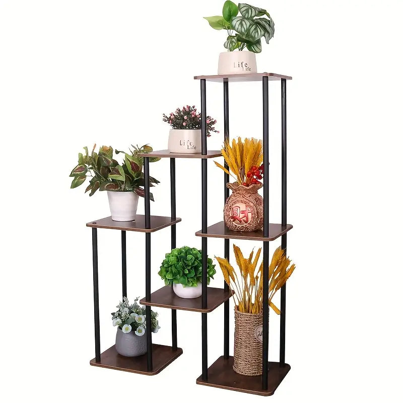 7-Story Indoor Floor Standing Flower Rack - Black Frame Coffee Board-0