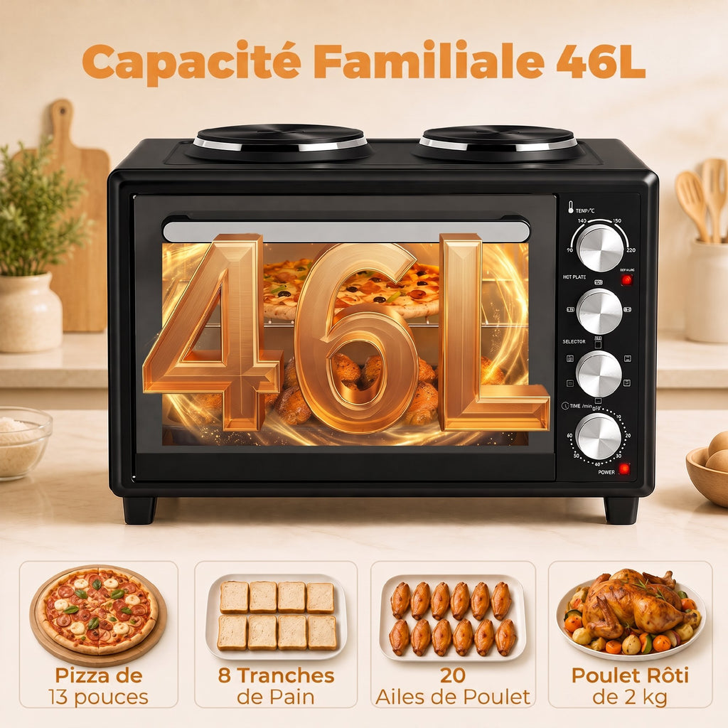 Mini-Four avec 2 Plaques de Cuisson et Broche Rotative 46L 2850 W, Four à Convection Multifonction, Minuterie, Noir-4