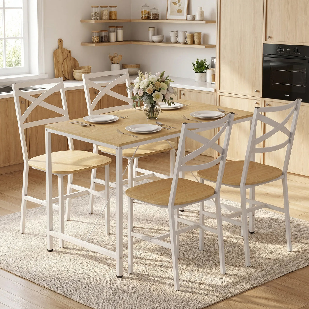 Ensemble Table Salle à Manger avec 4 Chaises, Table de Cuisine avec Chaises pour 4 Personnes, Bois Naturel et Blanc-1