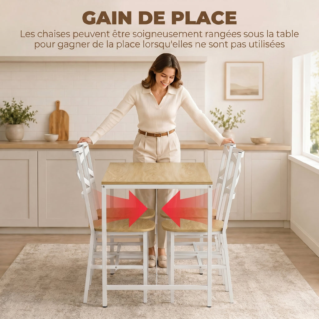 Ensemble Table Salle à Manger avec 4 Chaises, Table de Cuisine avec Chaises pour 4 Personnes, Bois Naturel et Blanc-5