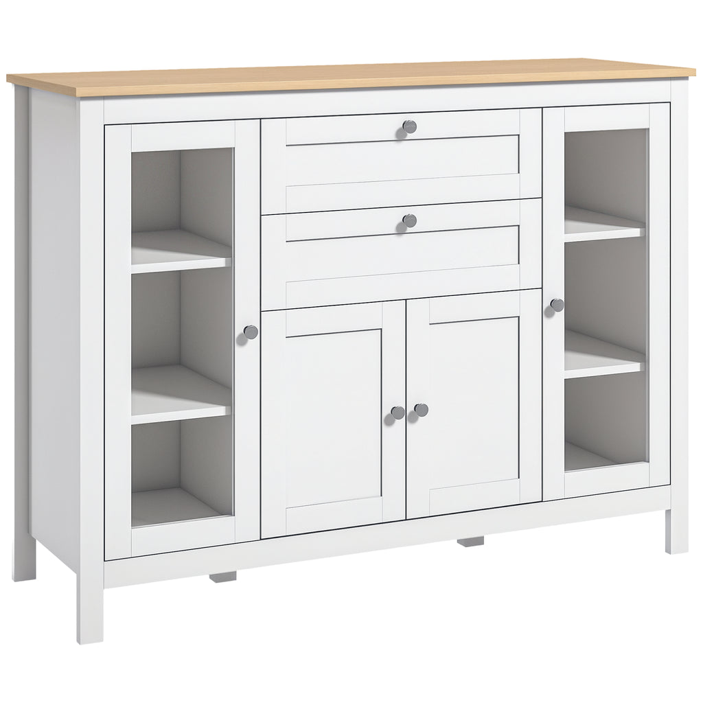 Buffet salon, meuble de rangement avec 1 placard double porte, 2 placards à porte vitrée, 2 tiroirs et étagère réglable, style moderne, buffet salle à manger et cuisine, 120x40x90cm, blanc-0
