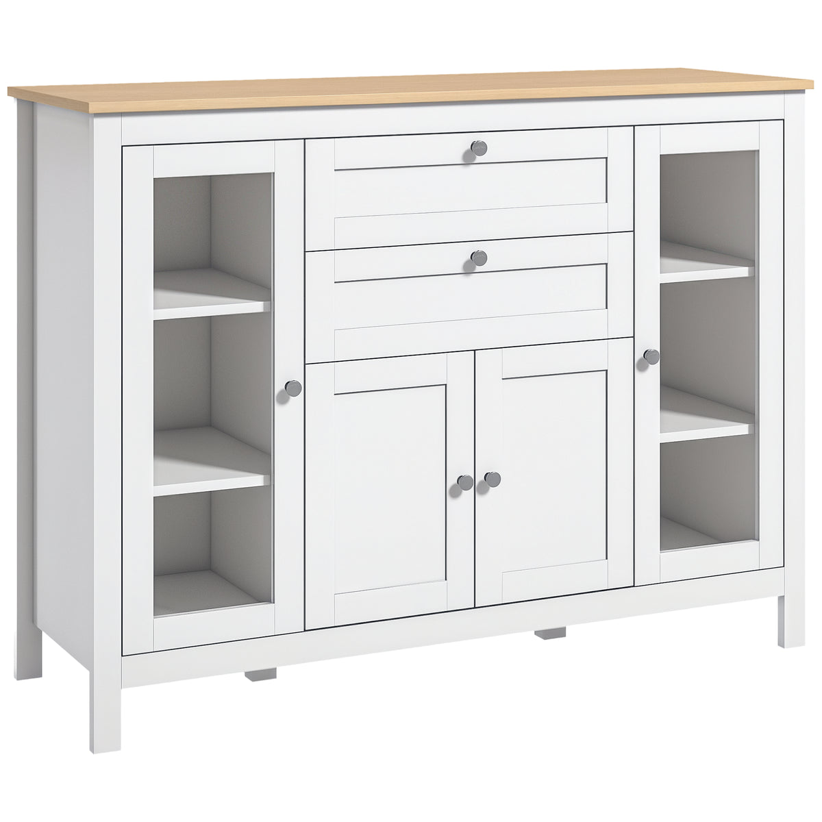 Buffet salon, meuble de rangement avec 1 placard double porte, 2 placards à porte vitrée, 2 tiroirs et étagère réglable, style moderne, buffet salle à manger et cuisine, 120x40x90cm, blanc-0
