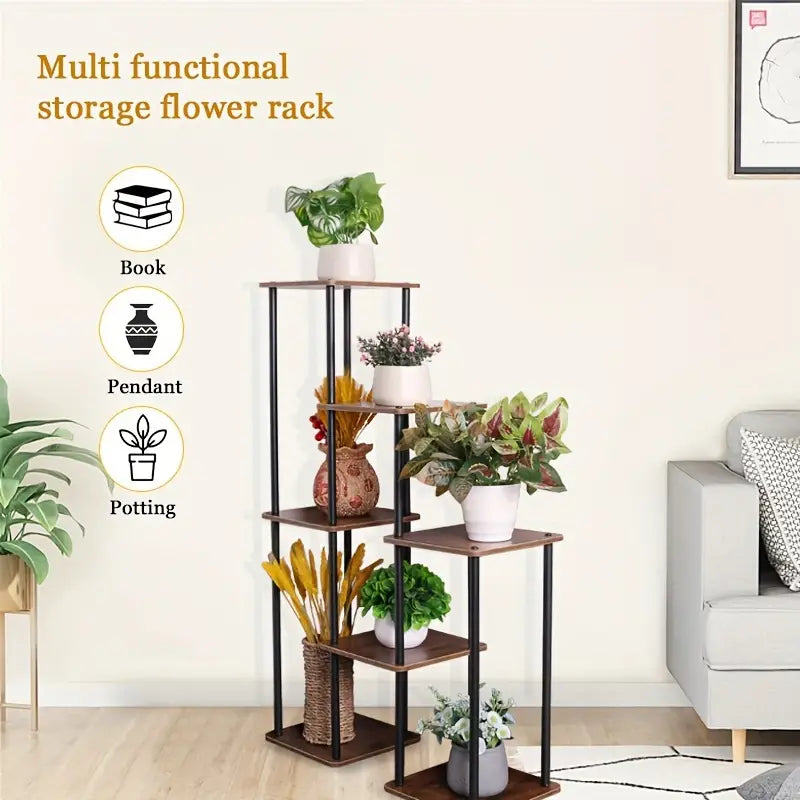 7-Story Indoor Floor Standing Flower Rack - Black Frame Coffee Board-3