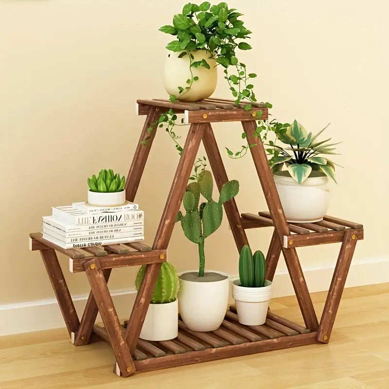 Wooden Triangular Plant Stand - Multi-Tier Flower Display Holder-4