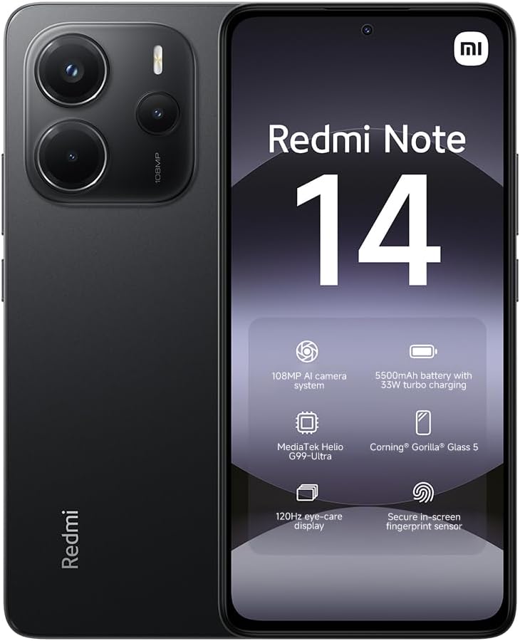Xiaomi Redmi Note 14 5G Smartphone, 8+256 GB, lila, 108 MP AI-kamerasystem, 5 500 mAh batteri, 120 Hz ögonvårdsdisplay, AI-funktioner (laddare ingår inte)