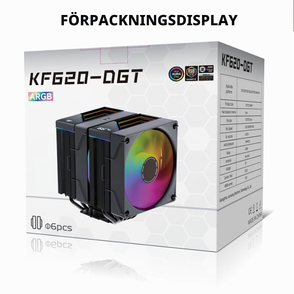 TZMRIT KF620 DGT ARGB CPU-kylare med temperaturvisning 265 W TDP för Intel LGA 1700/1200/115X/1851/1366/2011, för AMD AM4/AM5 (KF620BK)