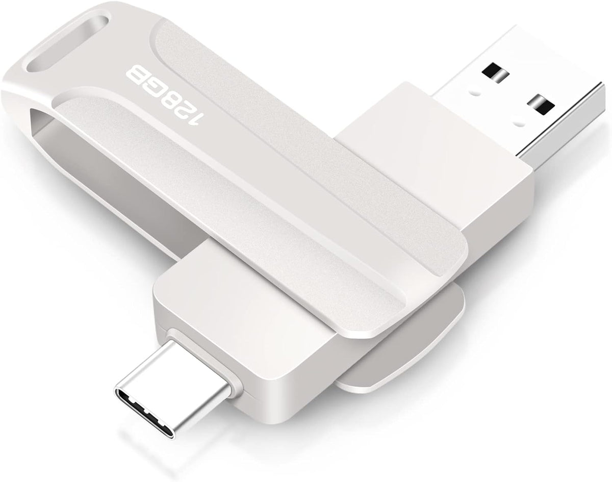128 GB 2-i-1 USB-minne 128 GB typ-C Pendrive 128GO USB C Flash Drive 128 Giga 2-i-1 OTG Pen 128GO för PC/surfplatta/Laptop/Smartphone med typ C, Xiaomi/Huawei (silver)