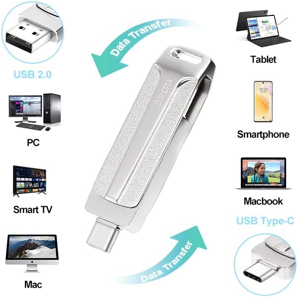 128 GB 2-i-1 USB-minne 128 GB typ-C Pendrive 128GO USB C Flash Drive 128 Giga 2-i-1 OTG Pen 128GO för PC/surfplatta/Laptop/Smartphone med typ C, Xiaomi/Huawei (silver)