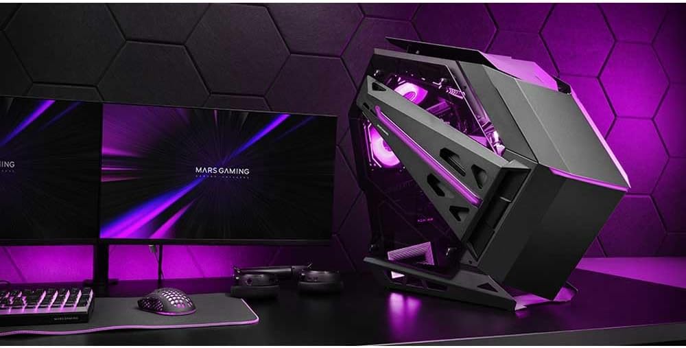 Mars Gaming MC-TITAN, Gamingkabinett RGB XXL ATX, Dubbel LED-Remsa och Främre ARGB-Belysning, Belysningshub + Fjärrkontroll, Kompatibel med ARGB Moderkort, Stöd för Vätskekylning, Svart