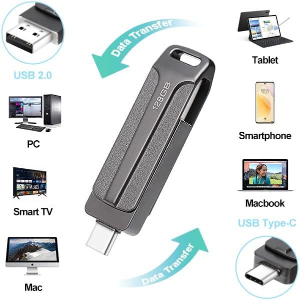 128 GB 2-i-1 USB-minne 128 GB typ-C Pendrive 128GO USB C Flash Drive 128 Giga 2-i-1 OTG Pen 128GO för PC/surfplatta/Laptop/Smartphone med typ C, Xiaomi/Huawei (silver)