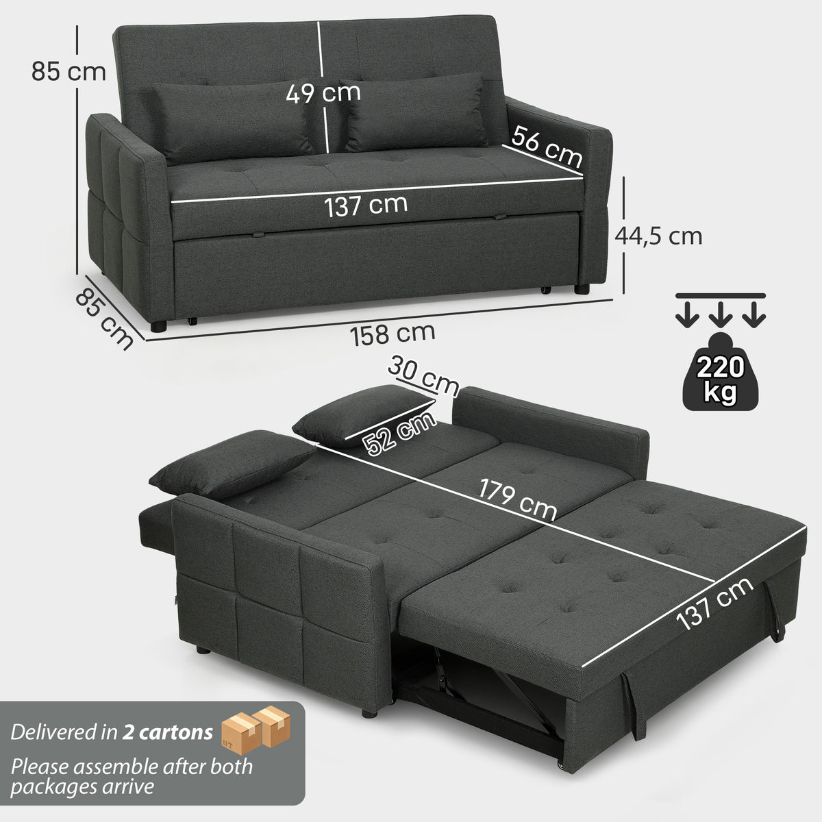 Canapé Convertible 2 Places 3 en 1, Canapé-Lit Clic Clac 160 cm, Dossier Réglable, Assise Large, 2 Oreillers, Gris Foncé-2