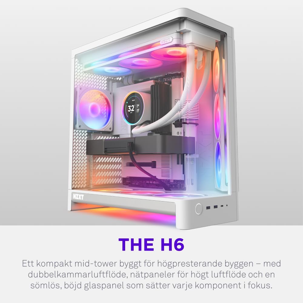 NZXT H6 RGB+ - Kompakt Dubbelkammare ATX PC-chassi - Vit