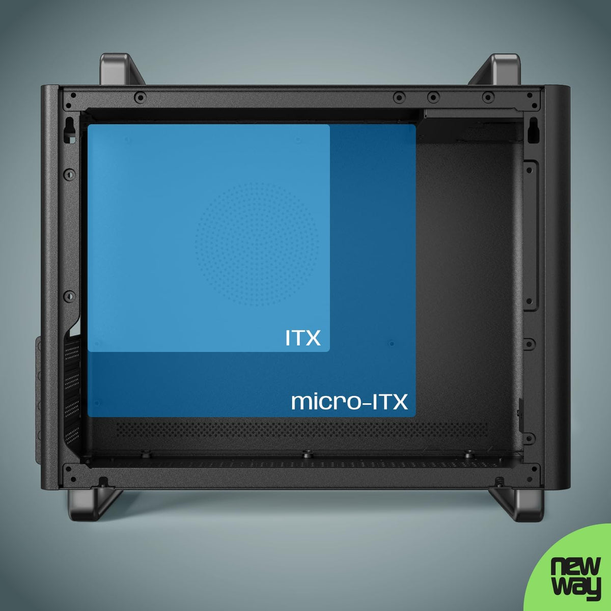 NEWWAY 2025 NC1 bärbart mini-torn, datorchassi, kompatibelt med Mini-ITX, ITX, Micro-ATX, typ-C, USB, inklusive 1 x fläkt, 9 mm, 3 Molex-stift, väggnät i metall (svart)