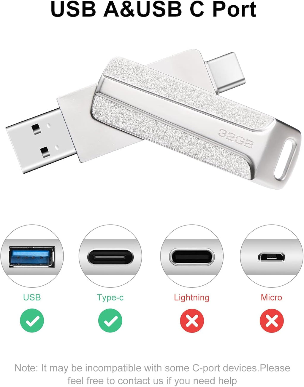 128 GB 2-i-1 USB-minne 128 GB typ-C Pendrive 128GO USB C Flash Drive 128 Giga 2-i-1 OTG Pen 128GO för PC/surfplatta/Laptop/Smartphone med typ C, Xiaomi/Huawei (silver)