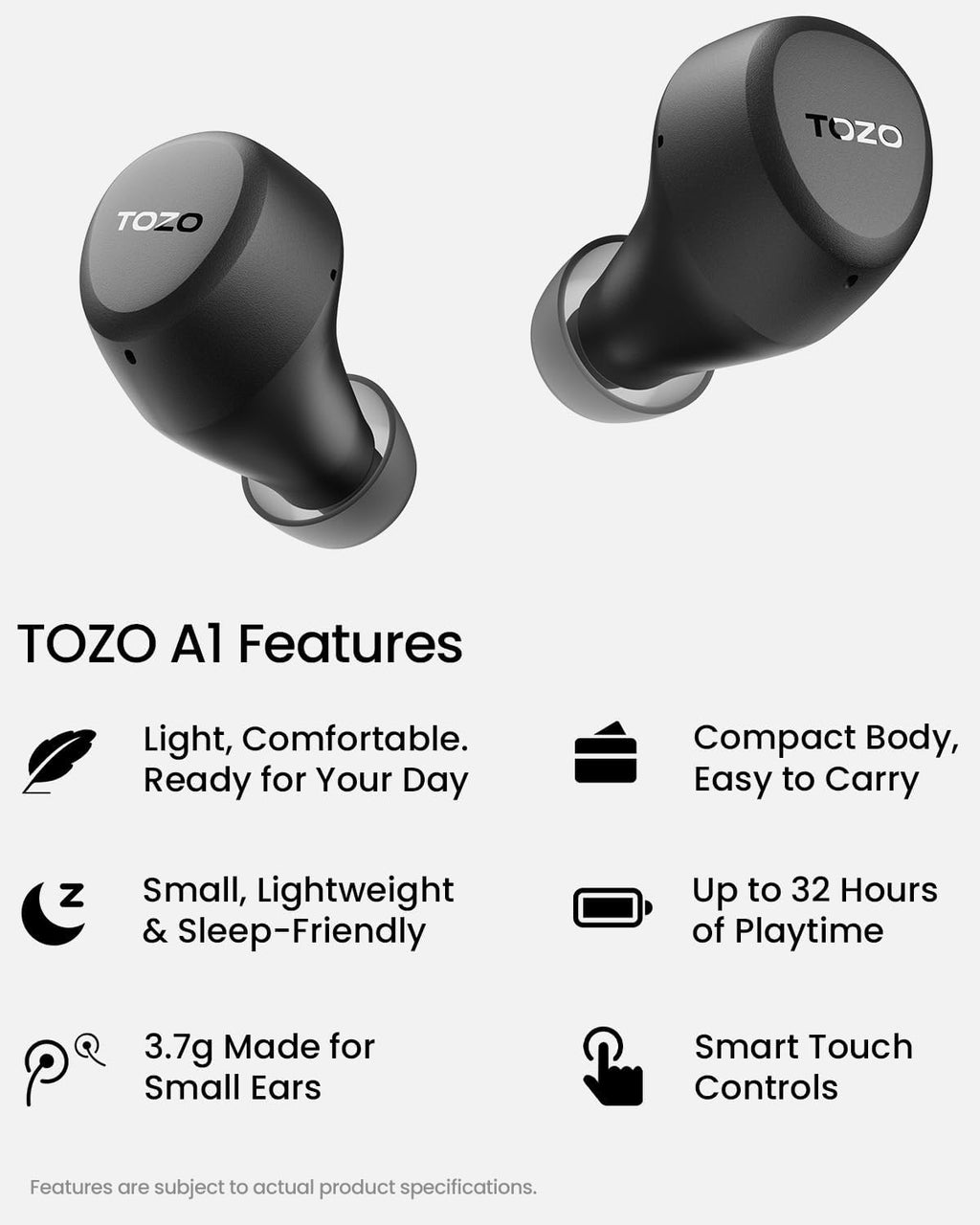 TOZO A1 Wireless Earbuds Bluetooth 5.3 Light Weight in Ear Headphones