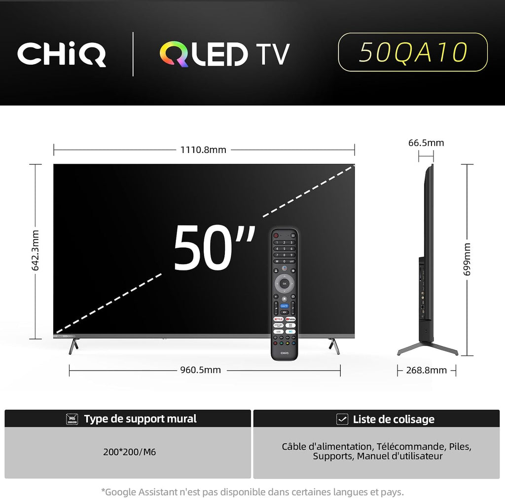 Google QLED 4K UHD CHiQ 50QA10 50" HDR10, VRR och ALLM ultratunn ramlös Dolby Audio Wi-FI dubbelband