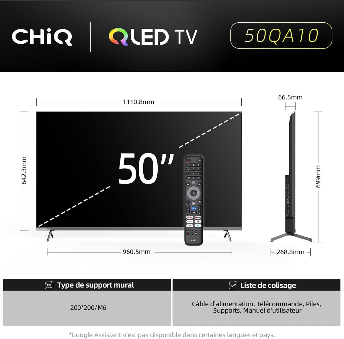 Google QLED 4K UHD CHiQ 50QA10 50" HDR10, VRR och ALLM ultratunn ramlös Dolby Audio Wi-FI dubbelband