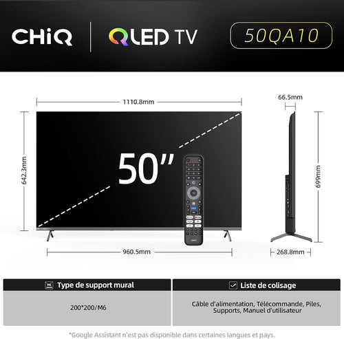 Google QLED 4K UHD CHiQ 50QA10 50" HDR10, VRR och ALLM ultratunn ramlös Dolby Audio Wi-FI dubbelband