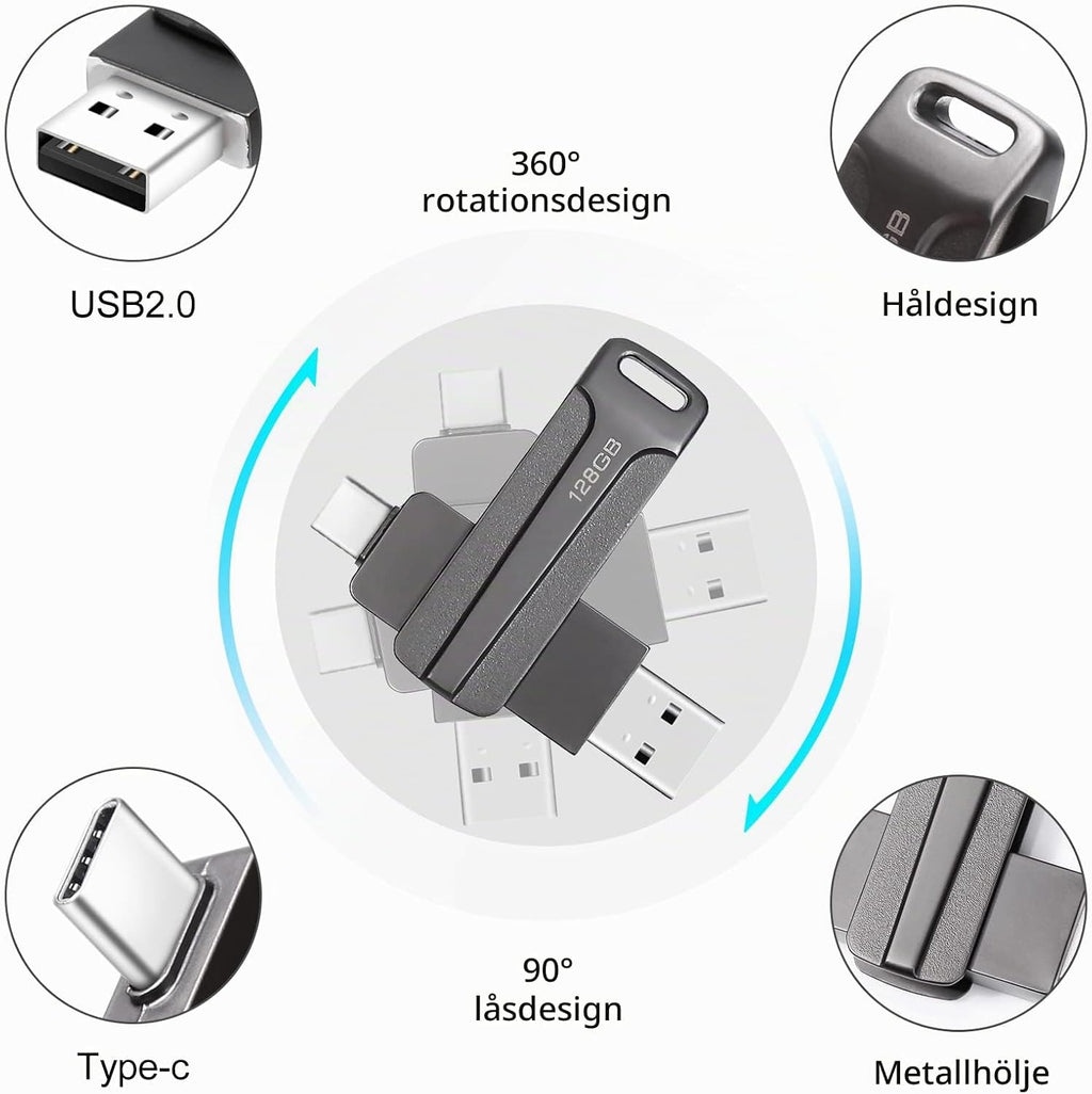 128 GB 2-i-1 USB-minne 128 GB typ-C Pendrive 128GO USB C Flash Drive 128 Giga 2-i-1 OTG Pen 128GO för PC/surfplatta/Laptop/Smartphone med typ C, Xiaomi/Huawei (silver)