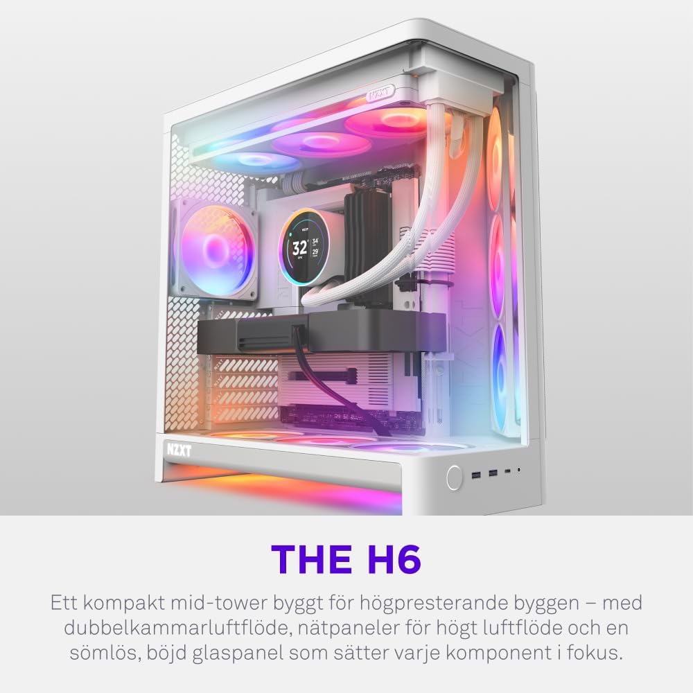 NZXT H6 RGB+ - Kompakt Dubbelkammare ATX PC-chassi - Vit