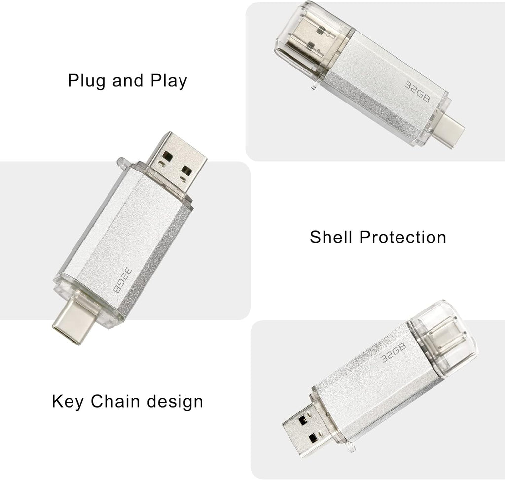 128 GB 2-i-1 USB-minne 128 GB typ-C Pendrive 128GO USB C Flash Drive 128 Giga 2-i-1 OTG Pen 128GO för PC/surfplatta/Laptop/Smartphone med typ C, Xiaomi/Huawei (silver)