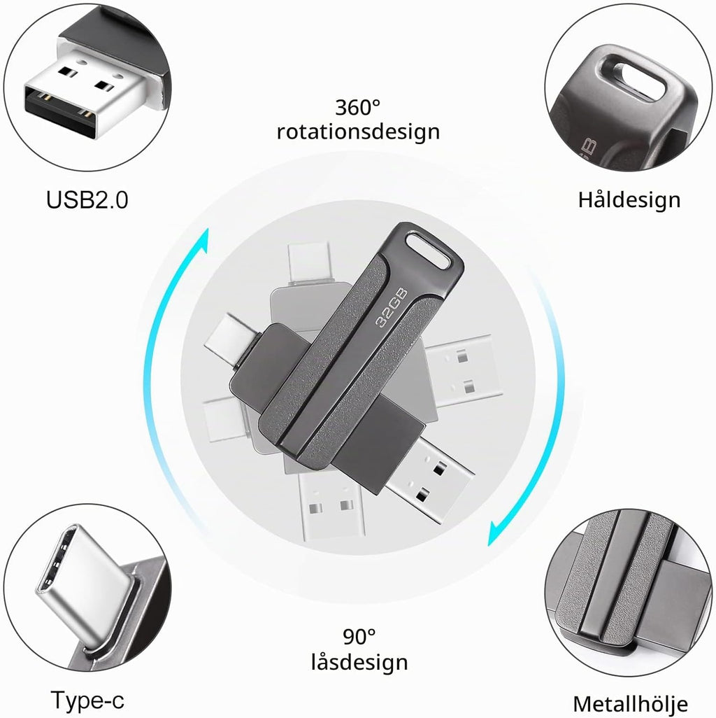 128 GB 2-i-1 USB-minne 128 GB typ-C Pendrive 128GO USB C Flash Drive 128 Giga 2-i-1 OTG Pen 128GO för PC/surfplatta/Laptop/Smartphone med typ C, Xiaomi/Huawei (silver)