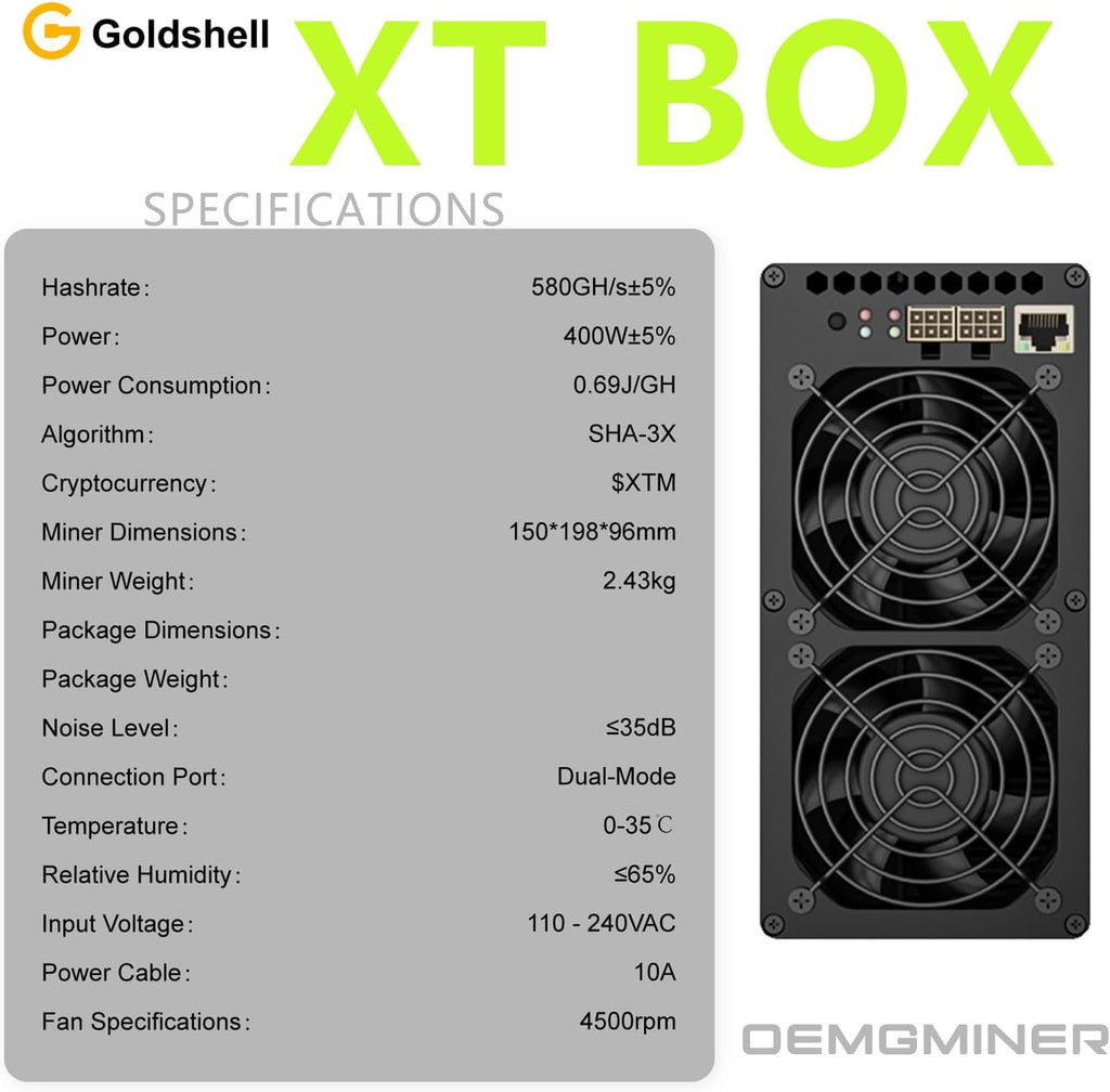 Ny Goldshell XT Box 580 Gh/s 400 W ASIC Miner för Tari (XTM) mynt SHA3x algoritm 0,69j/Gh Home Mining Crypto Machine