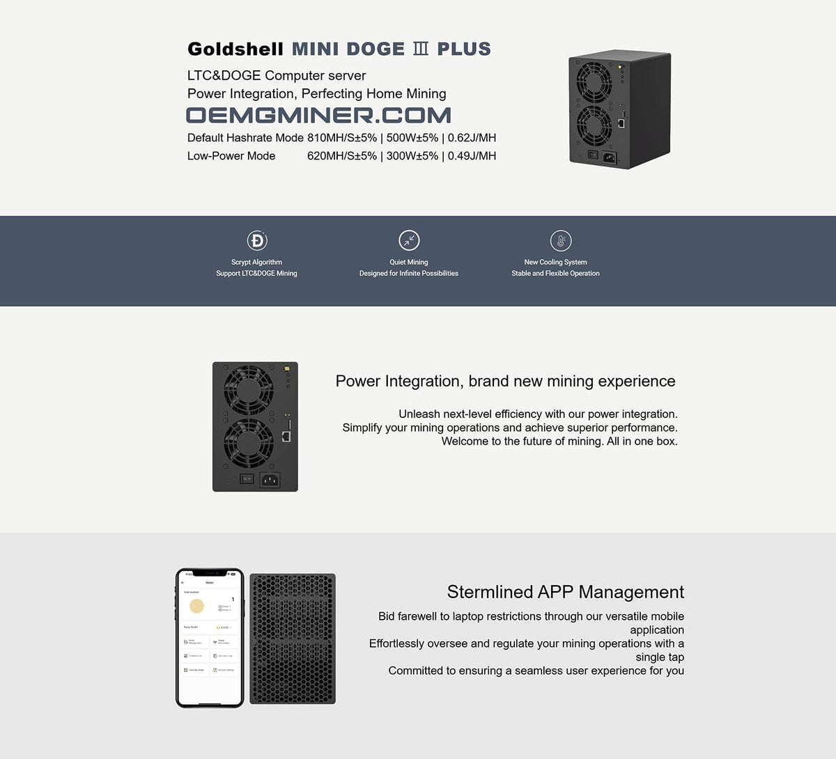 Ny Goldshell Mini Doge Plus ASIC Miner för Doge Coin & LTC Hashrate 810 m 500 W ström med nätsladd