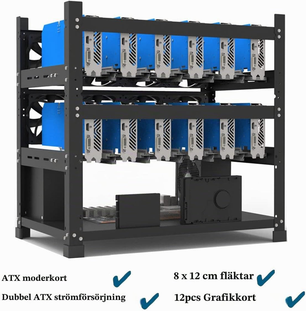 Gruvrigg ram för 12 GPU – stål öppen luft miner fodral, stöder dubbel strömförsörjning för krypto mynt valuta Bitcoin ETH ETC ZEC – endast ram, fläktar och GPU ingår ej