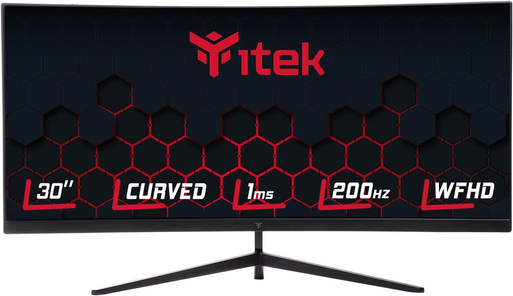 iTek Monitor GGC – 30 tum böjd R1800, WFHD 2560 x 1080 UltraWide, VA, 200 Hz, 21:9, 1 ms MPRT, 3 x HDMI, DP, Audio, HDR Ready, Adapt Sync, svart