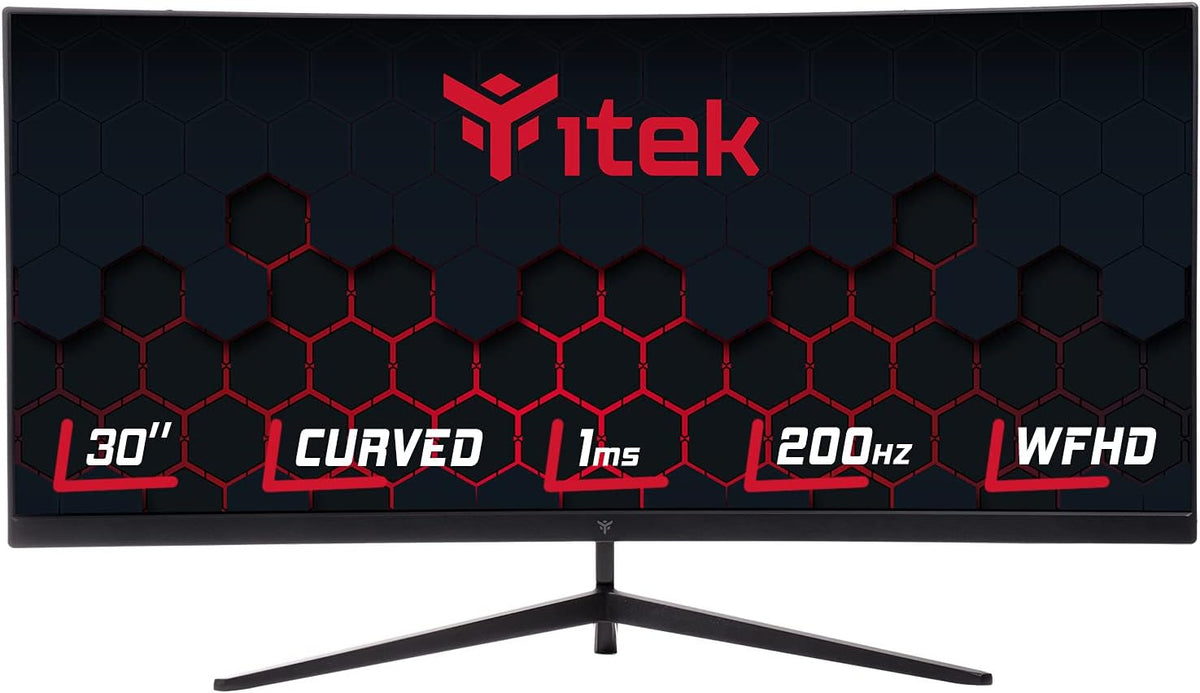 iTek Monitor GGC – 30 tum böjd R1800, WFHD 2560 x 1080 UltraWide, VA, 200 Hz, 21:9, 1 ms MPRT, 3 x HDMI, DP, Audio, HDR Ready, Adapt Sync, svart