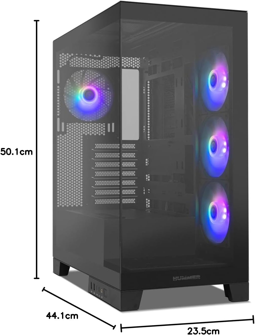 NOX XTREME PRODUCTS Hummer Galaxy - Datorchassi, Ramlöst Härdat Glas, 4x 120mm PWM Fläktar, Plats för 10 Fläktar, USB-C och USB 3.0, ARGB Hub Controller, ATX/M-ATX/ITX, Svart