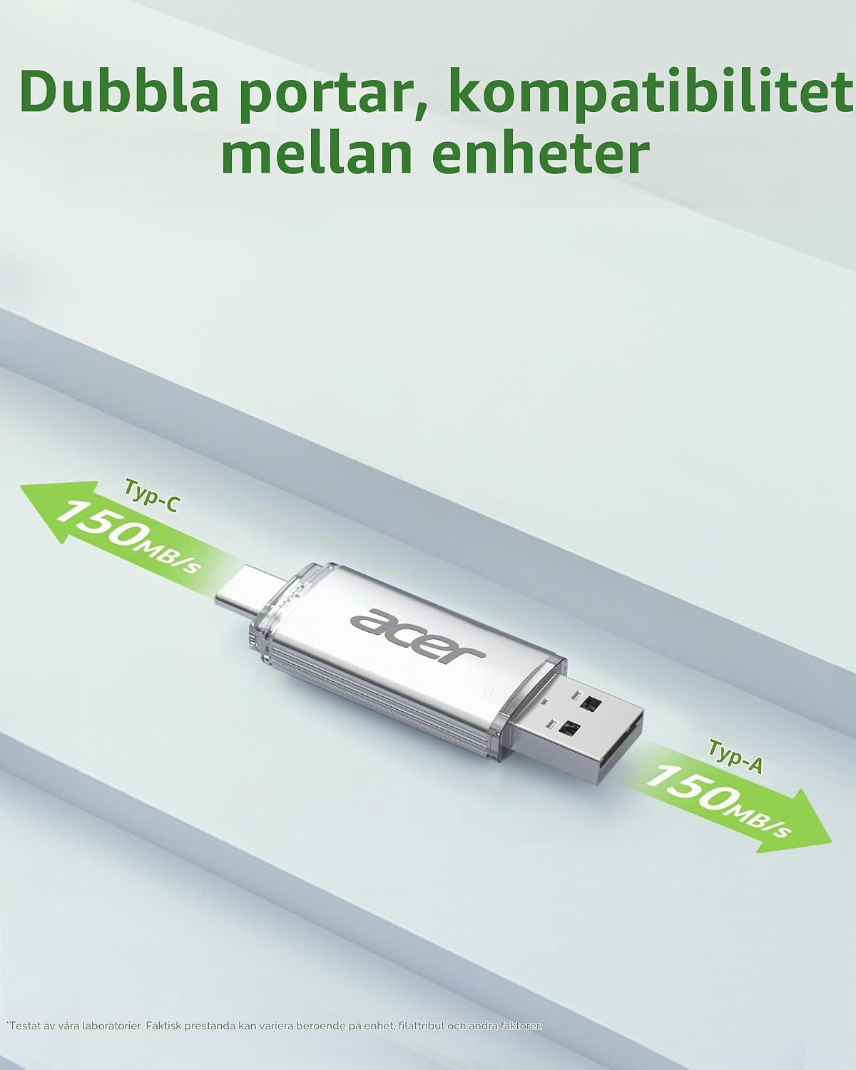 Acer USB Flashminne UT300 64 GB USB 3.2 Gen1, upp till 150 MB/s, med dubbla portar (Typ A och Typ C) för PC/bärbar dator/MacBook/smartphone