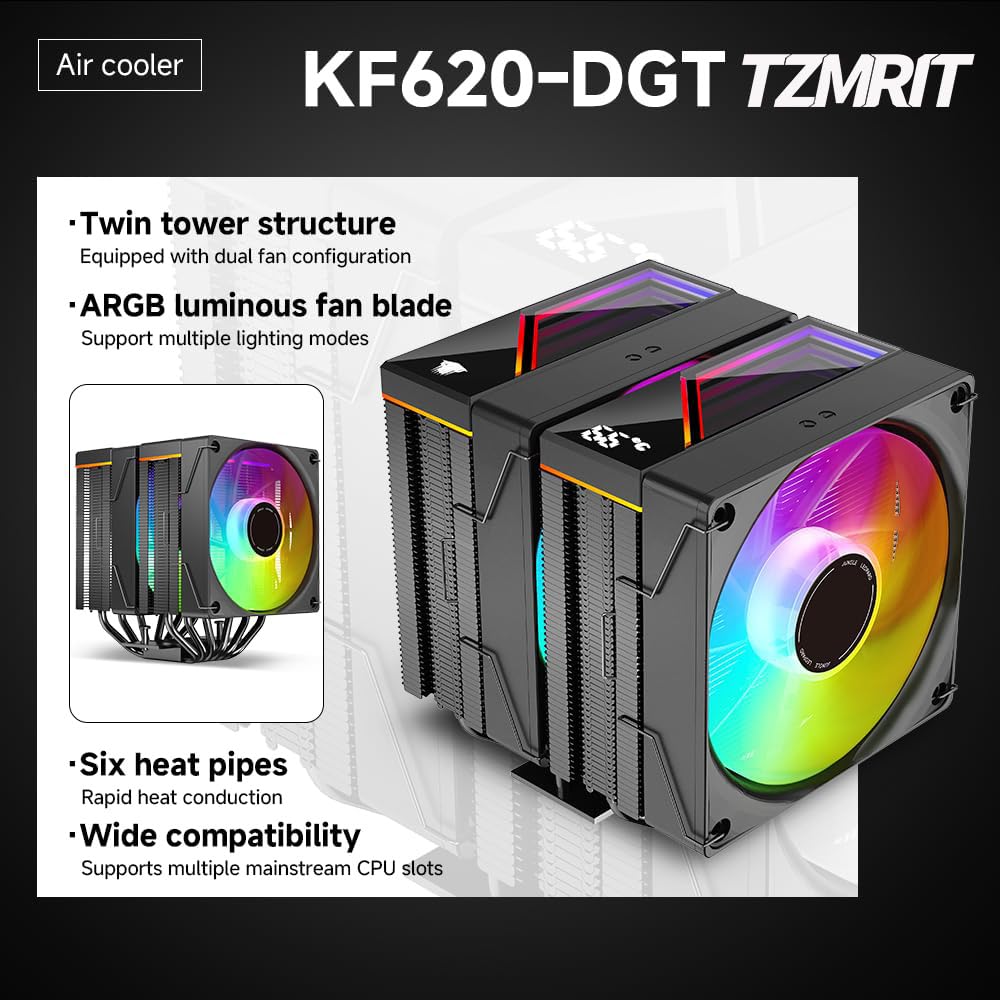 TZMRIT KF620 DGT ARGB CPU-kylare med temperaturvisning 265 W TDP för Intel LGA 1700/1200/115X/1851/1366/2011, för AMD AM4/AM5 (KF620BK)