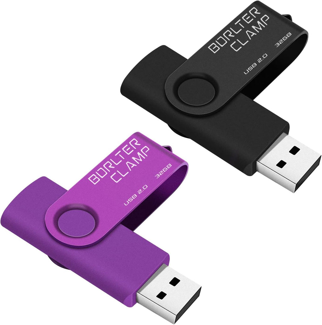 BorlterClamp 32 GB USB-minne 2-pack USB 2.0-enhetsset, färgglada USB-flash-enheter, vridbara USB-minnen, svart och lila