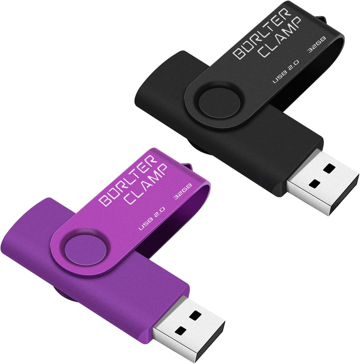 BorlterClamp 32 GB USB-minne 2-pack USB 2.0-enhetsset, färgglada USB-flash-enheter, vridbara USB-minnen, svart och lila