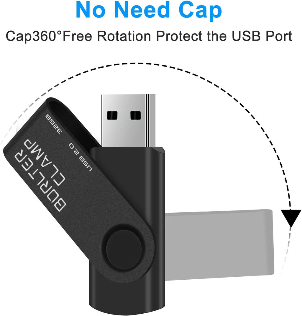 BorlterClamp 32 GB USB-minne 2-pack USB 2.0-enhetsset, färgglada USB-flash-enheter, vridbara USB-minnen, svart och lila