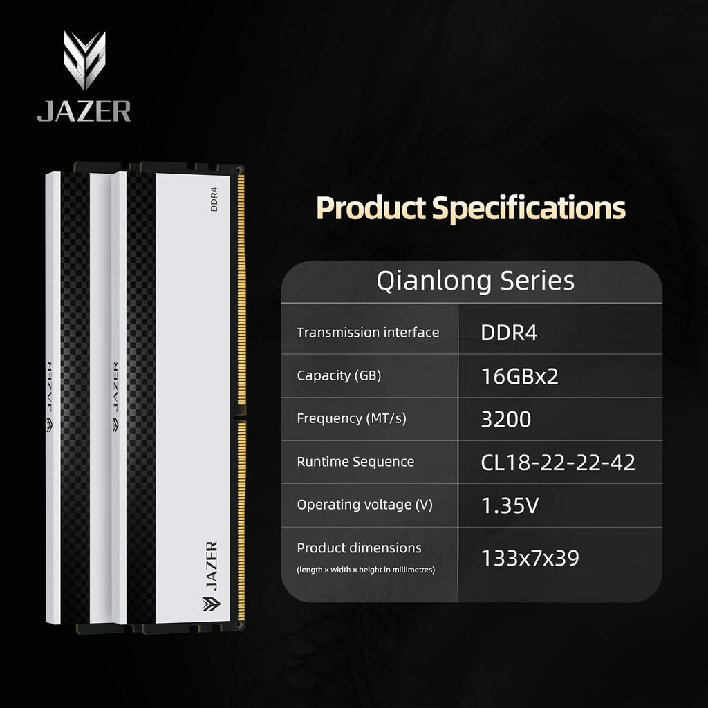 JAZER DDR4 RAM 32GB (2x16GB) 3200MHz CL18, XMP 2.0 Övertaktning, 1.35V UDIMM Desktop-minne, högpresterande gaming-arbetarminne