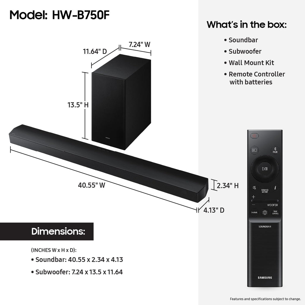 Samsung B-Series Soundbar HW-B550F 2.1 ch DTS Virtual:X Soundbar with Subwoofer (2025 Model) Voice Enhance Mode, Bass Boost, Adaptive Sound