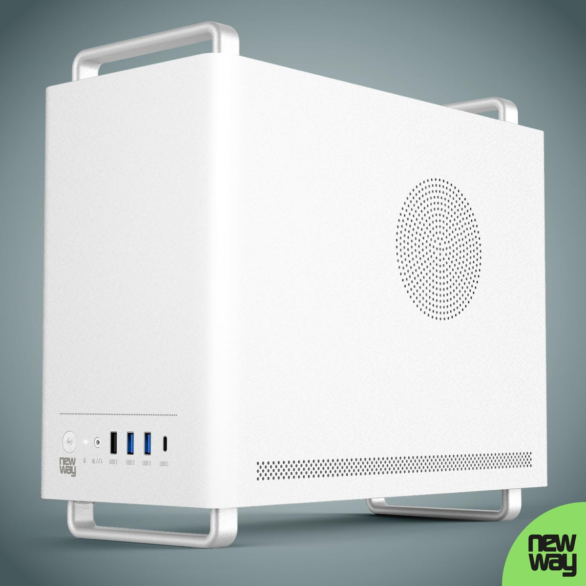 NEWWAY 2025 NC1 bärbart mini-torn, datorchassi, kompatibelt med Mini-ITX, ITX, Micro-ATX, typ-C, USB, inklusive 1 x fläkt, 9 mm, 3 Molex-stift, väggnät i metall (svart)