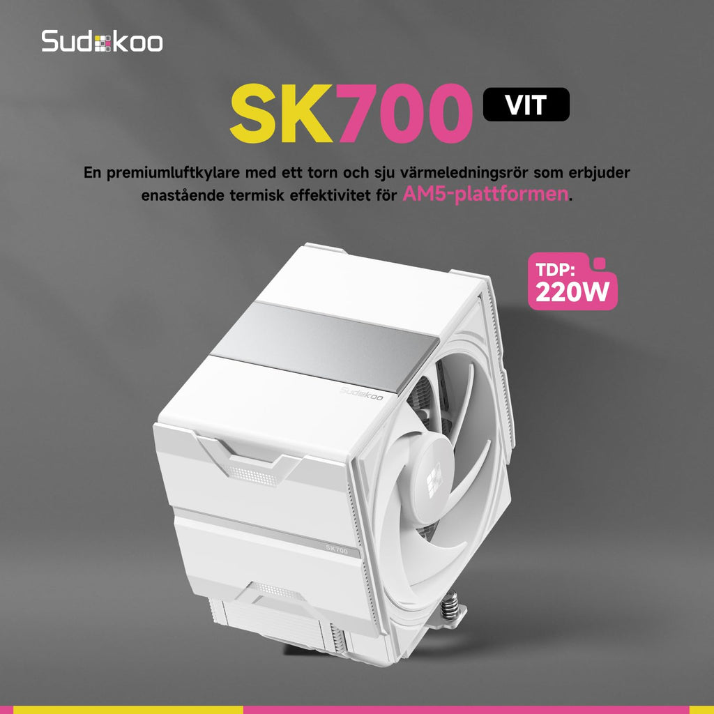 Sudokoo SK700V VIT AM5 CPU-Kylare, AM5 Exklusiv, Digital Display, 7 Värmeledarrör CPU-Luftkylare, Enkel Torn-Design, 120mm FDB PWM-Fläkt, Full RAM-Kompatibilitet, L-Rail Låsmontering, 5 Års Garanti