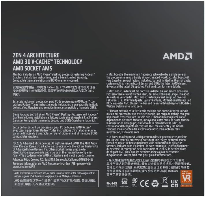 AMD Ryzen 9 7950X3D-processor med 3D-V-cache-teknik (integrerad grafikradion, 16 kärnor/32 trådar, 120W TDP, Socket AM5, 144MB cache, upp till 5,7 GHz frekvens boost, ingen fläkt)