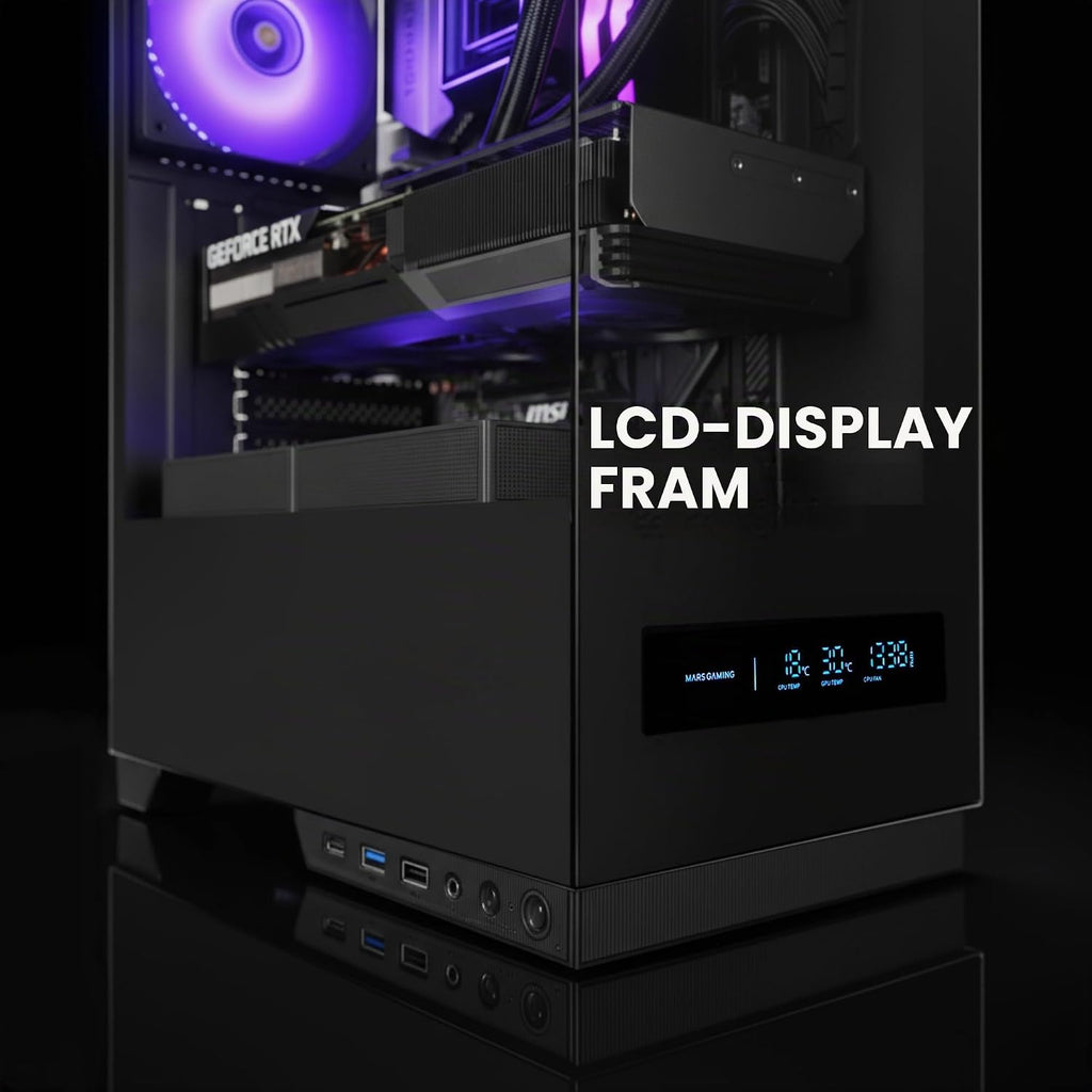 Mars Gaming MC-PULSAR, ATX Gaming-chassi, Frontal LCD-Skärm i Realtid, Dubbla Härdat Glas Fram Och Sida, Kabelhanteringssystem CABLEHATCH, Vätskekylning upp till 240mm, Svart